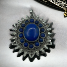 Vintage Statement Lapis Lazuli Sterling Silver Sun Starburst Southwest P... - $93.49