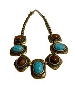 Chunky Statement Necklace Bronze Color Faux Turquoise Brown Stones South... - $324.11 MXN