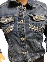 Rhythm In Blues Denim Embellished Stretch Button Up Jean Jacket Size Small - £11.79 GBP