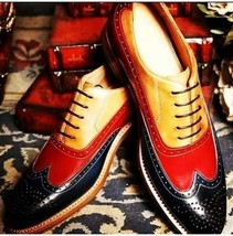 Oxford Three Tone Tan Red Black Cont Wing Tip Brogue Toe Leather Shoes US 7-16 - £110.00 GBP