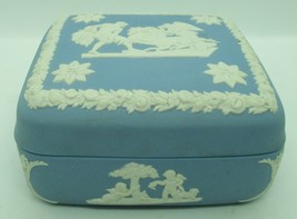 Vintage England Wedgwood Blue Jasperware Square Lidded Chariot Trinket Box  - $39.60