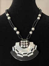 Karla Jordan Vintage 80s Black Bead Mother of Pearl Pin Pendant Necklace Signed - £32.47 GBP
