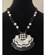 Karla Jordan Vintage 80s Black Bead Mother of Pearl Pin Pendant Necklace... - £31.26 GBP
