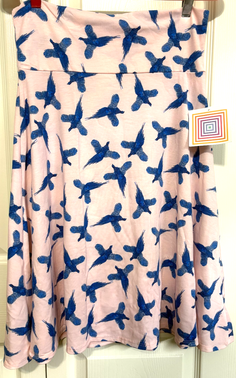 LULAROE S Azure Pink with Blue Flying Pheasants Birds Knee Length Skirt NEW - $14.85