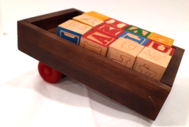 Building Blocks Wood Toys Wagon Trailer w/ Red Wheels &amp; Wooden Alphabet Blocks - £9.71 GBP