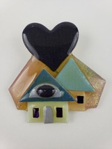 House Pins By Lucinda BIG Dark Blue Heart Over 2 Houses With Glitter Pin - £34.96 GBP