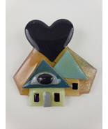 House Pins By Lucinda BIG Dark Blue Heart Over 2 Houses With Glitter Pin - £34.94 GBP