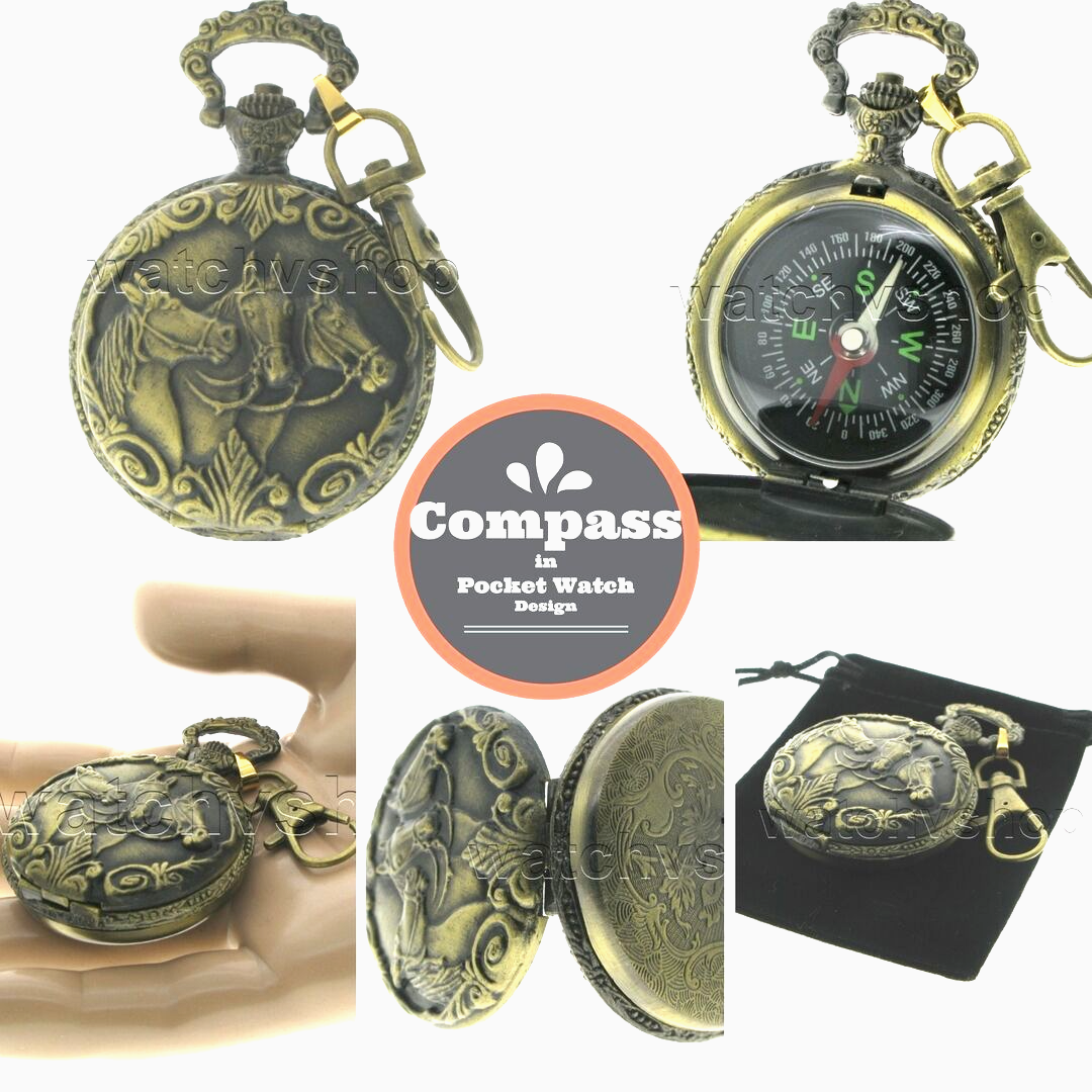 Primary image for Compass of Pocket Watch Style Horses Design Outdoor Camping Hiking Key Chain 29 