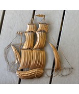 Vtg Brass Tone Metal Wall Art Ship Sculpture Nautical Decor - $17.32