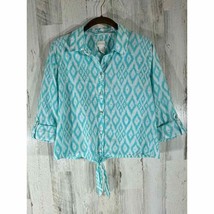 Chicos Button Up Tie Front Top Size 1 Medium Turquoise White Ikat Geometric - £19.47 GBP