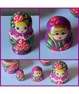 Vintage Wood Girl Russian Purple Pink Matryoshka Stacking Nesting Dolls - $18.00