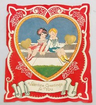 Vintage Die Cut Boy &amp; Girl w/ Golden Hearts Valentine Paper Card 5&quot; x 5.... - $9.49