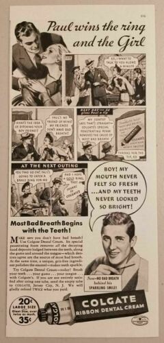 1936 Print Ad Colgate Dental Cream Happy Couple with Ring Cartoon - $11.68