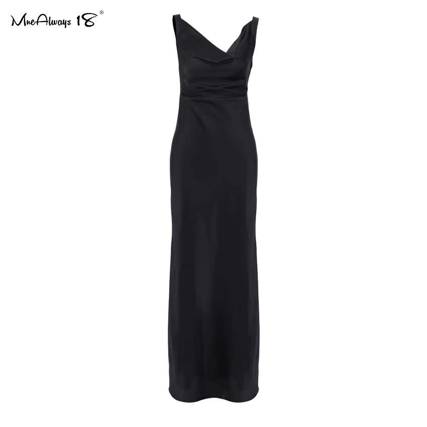 Mnealways18 Draped V-Neck Cly Evening Long Dress Women Black Satin Formal Dress  - $65.85