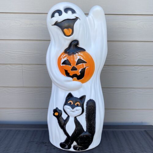 Happy Ghost W/ Pumpkin & Cat Empire 34” Lighted Blow Mold Halloween Vtg - $98.99
