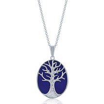 Sterling Silver Large Oval Created Blue Lapis with Tree Pendant W/Chain - £86.33 GBP