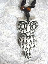 White With Brown Resin Night Hoot Owl Bird Pendant Adj String Cord Necklace - £5.58 GBP