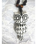 WHITE WITH BROWN RESIN NIGHT HOOT OWL BIRD PENDANT ADJ STRING CORD NECKLACE - £5.50 GBP