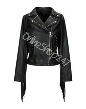 New Women Western Style Silver Studded Unique Long Fringes Biker Leather... - £195.55 GBP