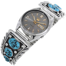 Turquoise Nuggets Mens Seiko 5 Watch w Stretch Band, Navajo Sterling Tips s7-8.5 - £513.20 GBP