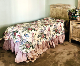 Quilted Floral Bedspread with Candy Stripe Dust Ruffle &amp; Valance Queen Size - $86.11