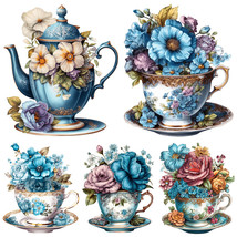 15Pcs Floral Tea Cup Sticker Set Flowers Butterflies Scrapbook Embellishment Kit - £6.13 GBP
