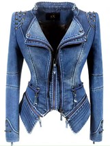 Studded riveted slim waist Denim retro biker jacket woman&#39;s  - $79.99