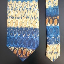 Hubert Milano Mens Necktie Tie Abstract Print Blue Gold Yellow Silk 58&quot; L 3.5&quot; W - £7.71 GBP