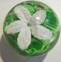 Art Glass apple blossom with green leaves paperweight - $17.05