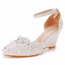 Women Sandals Pearl Rhinestone White Lace Wedding Shoes Wedges Ankle Strap Platf - £49.35 GBP