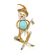 18k Yellow Gold Multi-Gem Figural Skiier Brooch Vintage - $4,185.13
