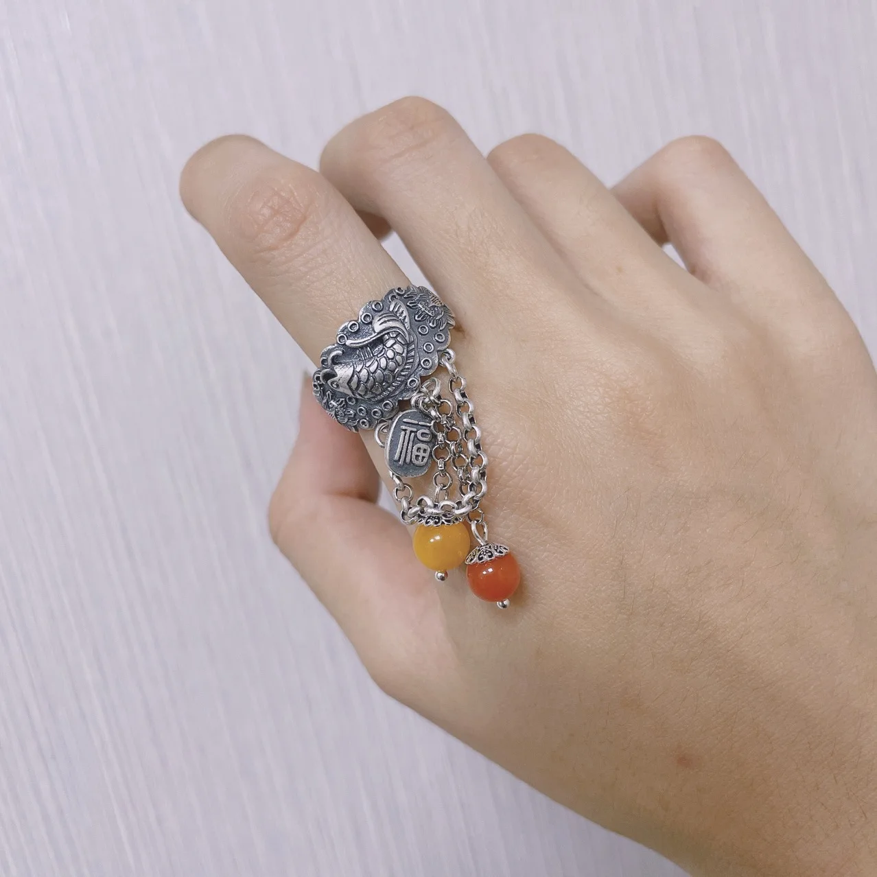 Retro Ethnic 925 Silver Lotus Fish Tassel Rings Women Chinese Style Beeswax Red  - £42.47 GBP