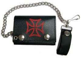 RED IRON CROSS TRIFOLD BIKER WALLET W CHAIN mens LEATHER #606 NEW crosses - $14.15