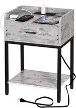 Lerliuo Nightstand With Charging Station And Usb Ports, 3-Tier End, Retro Grey - £41.40 GBP