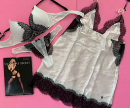 Victoria&#39;s Secret 34C BOMBSHELL BRA SET+thong+silk SLIP White Black lace jeweled - £213.62 GBP