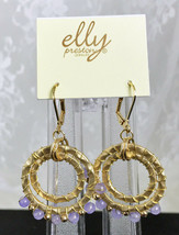 Elly Preston Pierced Leverback Earrings Goldtone Double Ring  Amethyst Stones - £8.38 GBP