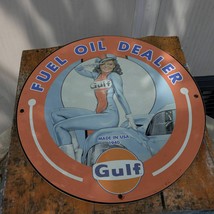 Vintage 1940 Gulf Fuel Lubricants Oil Dealer Porcelain Gas &amp; Oil Pump Sign - £116.80 GBP