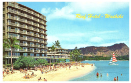 Reef Hotel Waikiki Beach Goers Diamond Head Sail Boat Postcard - £4.63 GBP