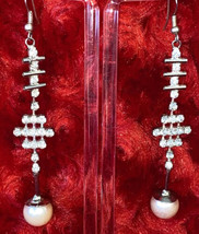 Vintage Rhinestone And Faux Pearl Wedding Earrings 3 1/2” Drop - £22.52 GBP