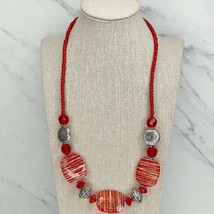 Silver Tone Chunky Red Striped Beaded Statement Necklace - £5.46 GBP