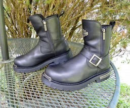 Harley Davidson Leather Moto Boots Black Biker Buckle Boots- Zippers Men... - $89.85