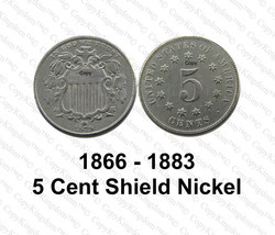 1866 to 1883 5 Cent Shield Nickel American COPY coin - $14.99