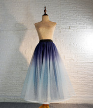 Frozen Blue Tulle Midi Skirt Outfit Women A-line Plus Size Sparkly Tulle Skirt
