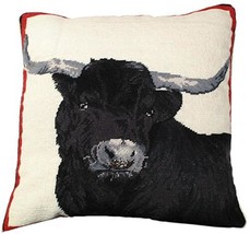 Throw Pillow Needlepoint Steer Cow 20x20 Black Wool Cotton Velvet Back Poly - £243.38 GBP
