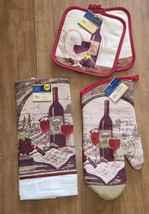 4 Item Kitchen Gift Set Wine Theme 1 Dish Towel 2 Pot Holders 1 Oven Mitt NEW - £9.79 GBP