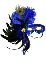 Blue Royal Feather Masquerade Mardi Gras Costume Mask - £11.89 GBP