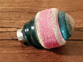 Vintage Shiny Brite Glass Atomic Christmas Ornament Teal Striped Glitter - £7.45 GBP