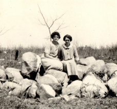 women Teachers Sitting On Sacks on Farm Photograph Vintage Old Photo Snapshot - £13.27 GBP