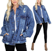 Women&#39;s Distressed Oversized Casual Button Front Cotton Jean Denim Jacket - £28.86 GBP