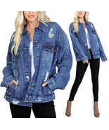 Women&#39;s Distressed Oversized Casual Button Front Cotton Jean Denim Jacket - £29.40 GBP